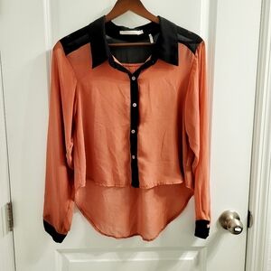 HAVE Orange and Black Pumpkin Detail Button up Polyester Sheer Blouse Size Small